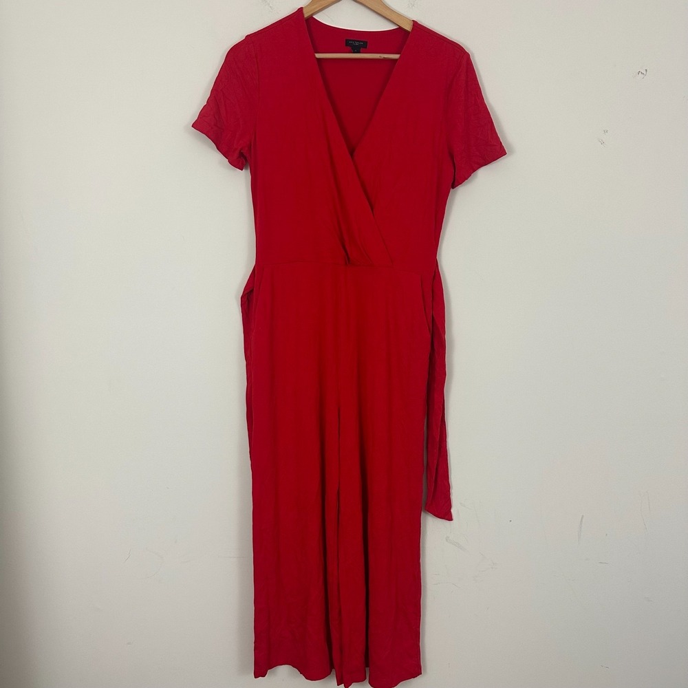 Ann Taylor Factory Wrap Jumpsuit Red Stretch Surplice Neck Wide Leg Womens Small